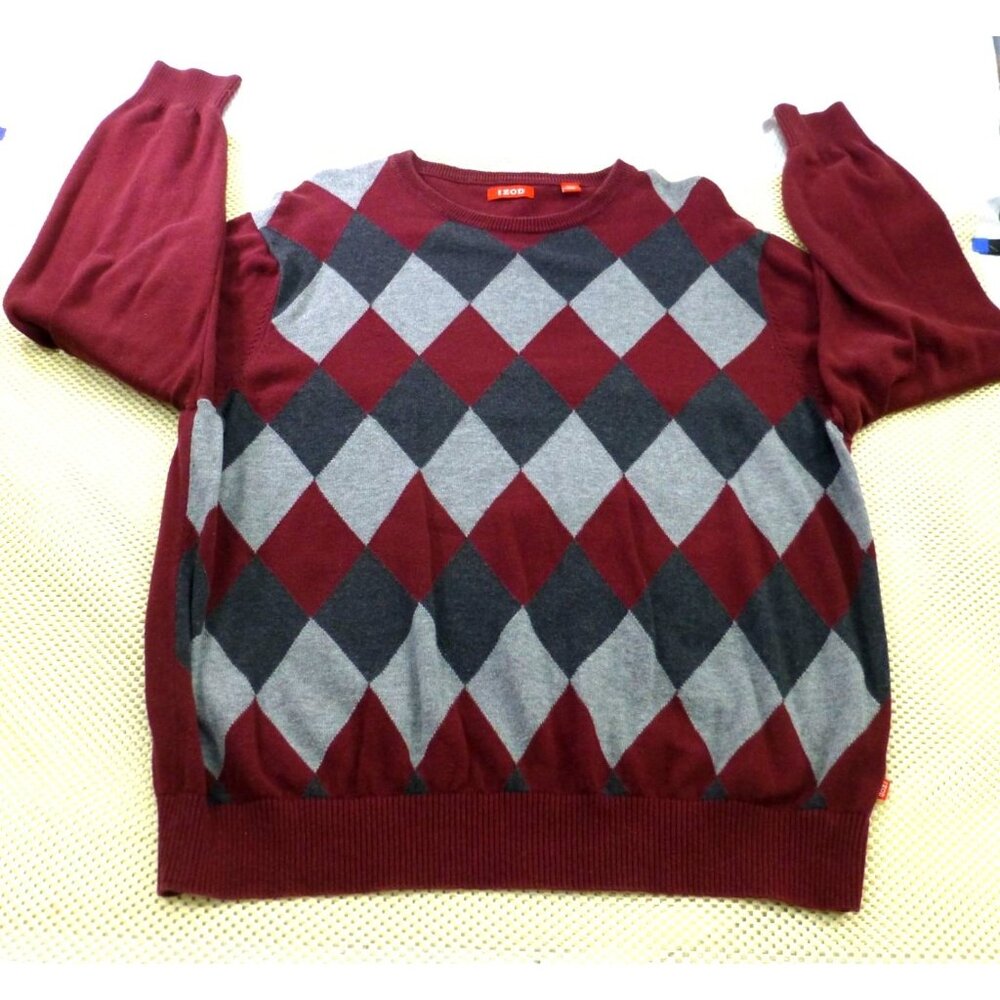 Izod Diamond Argyle Diamond Knit Sweater Burgundy Gray Classic Knit L/G‎